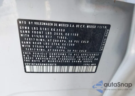 2019 Volkswagen Tiguan 2.0T S z USA, uszkodzony, nr VIN 3VV1B7AX5KM039879